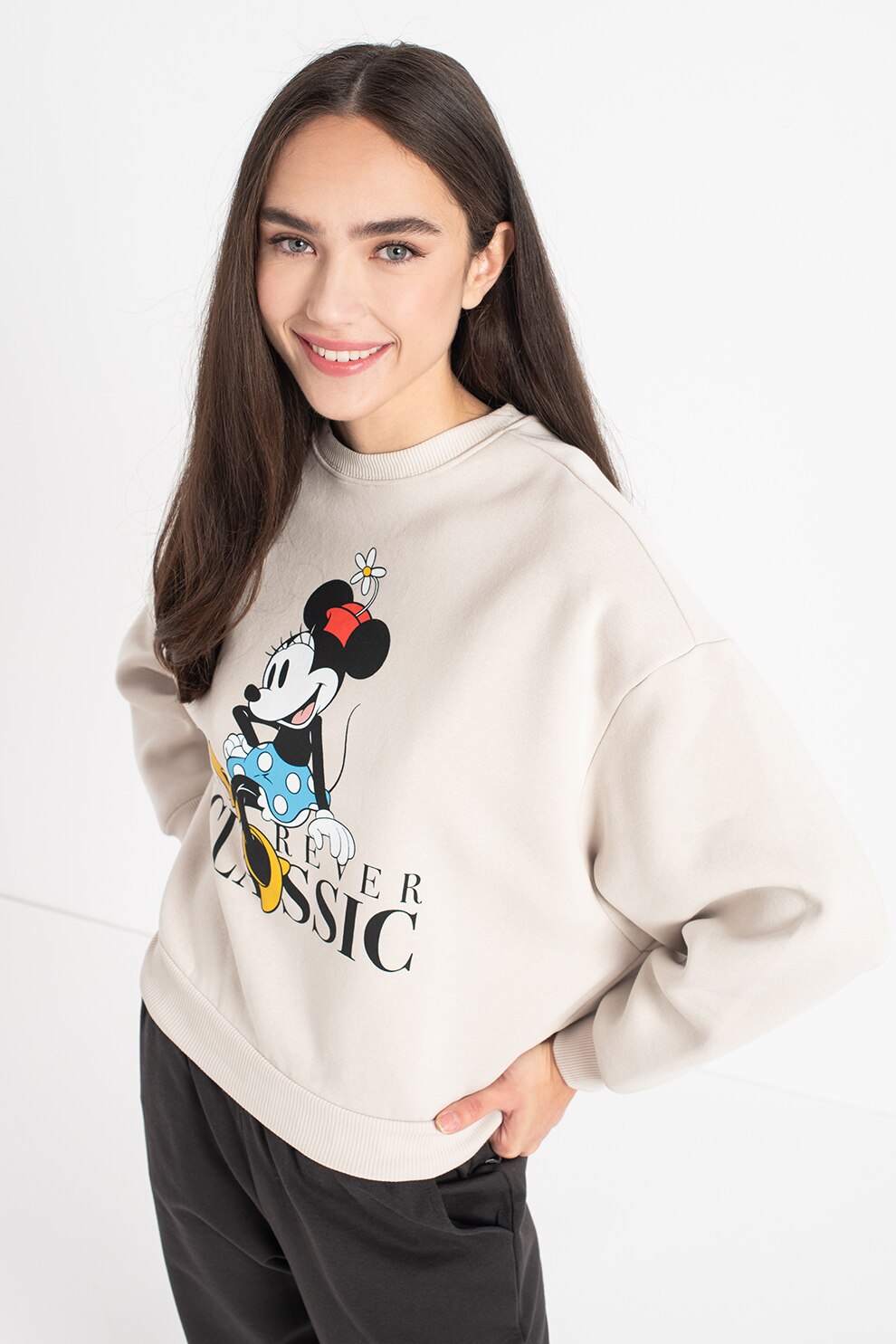 Only, Bluza sport cu maneci cazute si imprimeu cu desene Disney, Gri melange/Negru